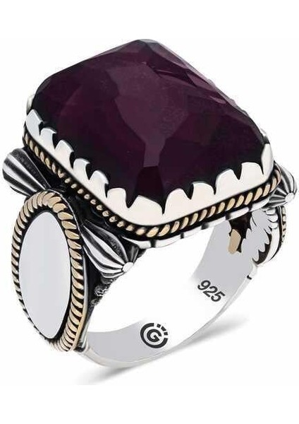 Hk ​Gümüş Erkek Yüzük Bordo Taşlı Köşeli |Gümüş Takı Hediyelik Ürünler