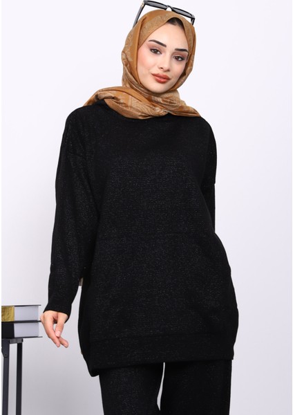 Siyah Kapşonlu Kanguru Cepli Pantolonlu Triko Takım modelleri