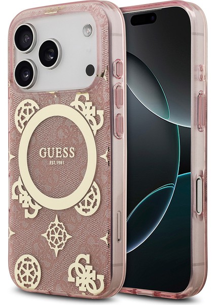 iPhone 17 Pro Uyumlu Kılıf Guess Lisanslı M-Safeli Iml Peony ve 4g Desenli Klasik Logolu Kapak Pembe