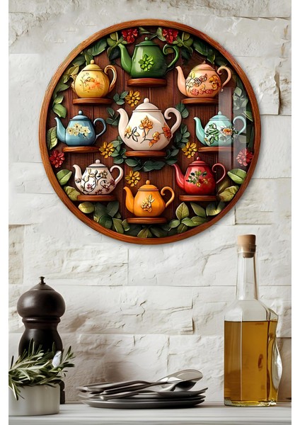 3D Görünümlü Temperli Cam Tablo – Renkli Çaydanlıklar Temalı Duvar Süsü Uv Baskı 33X33 CM-CDS087