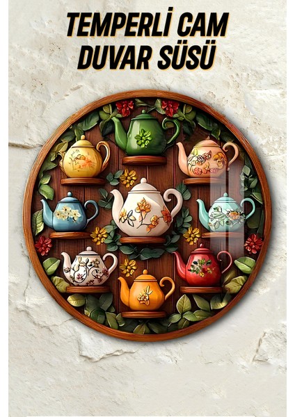 3D Görünümlü Temperli Cam Tablo – Renkli Çaydanlıklar Temalı Duvar Süsü Uv Baskı 33X33 CM-CDS087 fiyatları