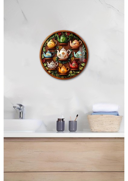 3D Görünümlü Temperli Cam Tablo – Renkli Çaydanlıklar Temalı Duvar Süsü Uv Baskı 33X33 CM-CDS087