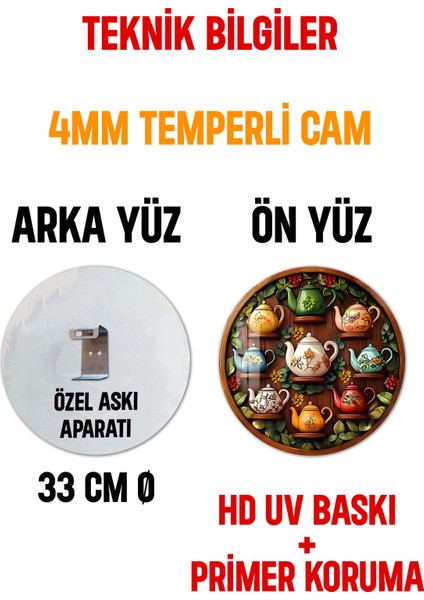3D Görünümlü Temperli Cam Tablo – Renkli Çaydanlıklar Temalı Duvar Süsü Uv Baskı 33X33 CM-CDS087