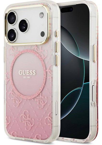 iPhone 17 Pro Uyumlu Kılıf Guess Lisanslı M-Safe Şarj Özellikli 4g Desenli Simli Silikon Kapak Pembe