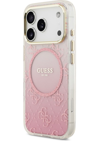 iPhone 17 Pro Uyumlu Kılıf Guess Lisanslı M-Safe Şarj Özellikli 4g Desenli Simli Silikon Kapak Pembe fiyatları