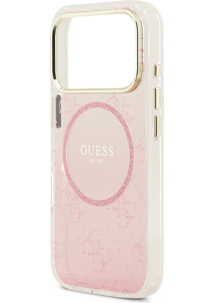 iPhone 17 Pro Uyumlu Kılıf Guess Lisanslı M-Safe Şarj Özellikli 4g Desenli Simli Silikon Kapak Pembe