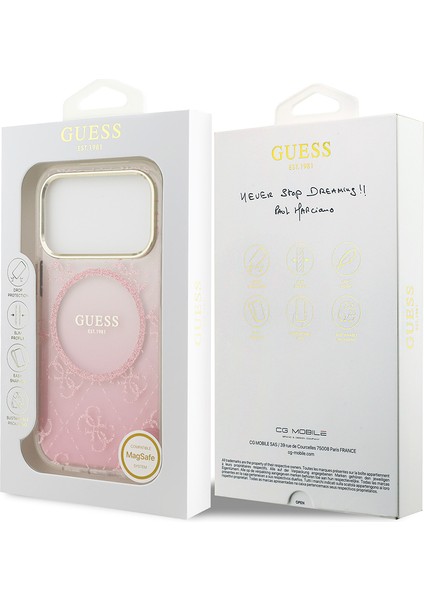 iPhone 17 Pro Uyumlu Kılıf Guess Lisanslı M-Safe Şarj Özellikli 4g Desenli Simli Silikon Kapak Pembe