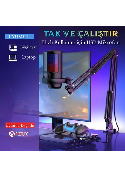 Profesyonel Rgb Podcast Youtuber Gamer Oyuncu Yayıncı Condenser Mikrofonu ve Masa Standı Işıklı fiyatları