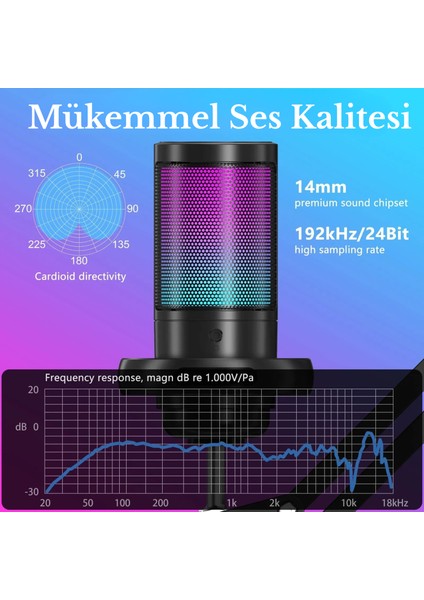 Profesyonel Rgb Podcast Youtuber Gamer Oyuncu Yayıncı Condenser Mikrofonu ve Masa Standı Işıklı modelleri