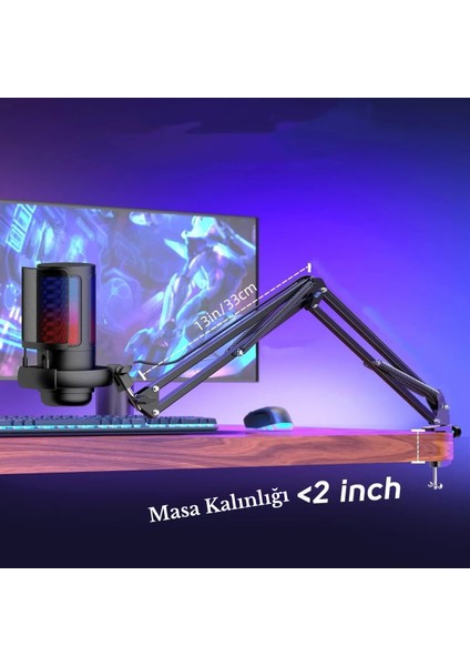 Profesyonel Rgb Podcast Youtuber Gamer Oyuncu Yayıncı Condenser Mikrofonu ve Masa Standı Işıklı fırsatları