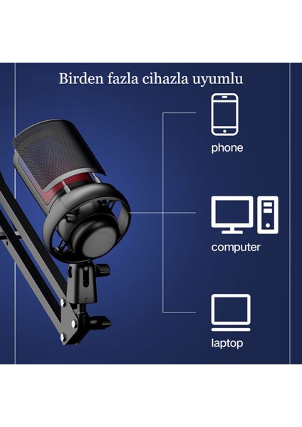 Profesyonel Rgb Podcast Youtuber Gamer Oyuncu Yayıncı Condenser Mikrofonu ve Masa Standı Işıklı