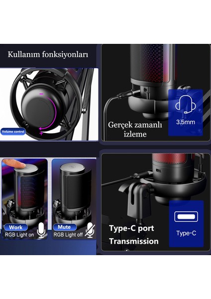 Profesyonel Rgb Podcast Youtuber Gamer Oyuncu Yayıncı Condenser Mikrofonu ve Masa Standı Işıklı