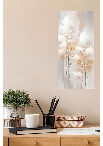 Bej ve Altın Tonlarda Ağaç Desenli Temperli Cam Dik Tablo – 30X60 cm Hd Uv Baskı - DCT020