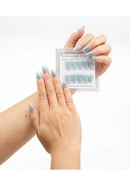 10'lu Mavi Kısa Balerin TT1249 Tekrar Kullanılabilir El Yapımı Protez Takma Tırnak - Mavi-S