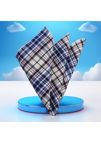 Beyaz Mavi Mor Ekoseli Cep Aksesuarı Yaka Mendili