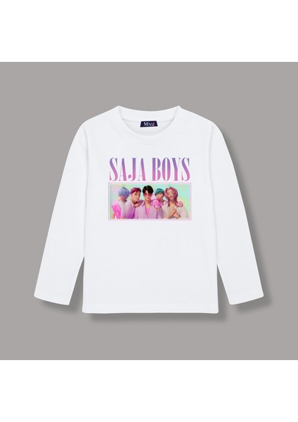 Kpop Demon Hunters Saja Boys Uzun Kollu Baskılı Kız Çocuk Tişört (4-13 Yaş)