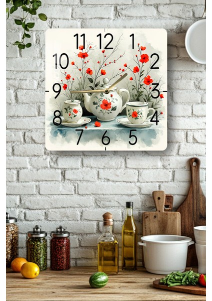 Kırmızı Çiçekli Çay Seti Temalı Temperli Cam Kare Saat 33X33 cm Ebadında Uv Baskı - KCS077