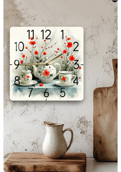 Kırmızı Çiçekli Çay Seti Temalı Temperli Cam Kare Saat 33X33 cm Ebadında Uv Baskı - KCS077 modelleri