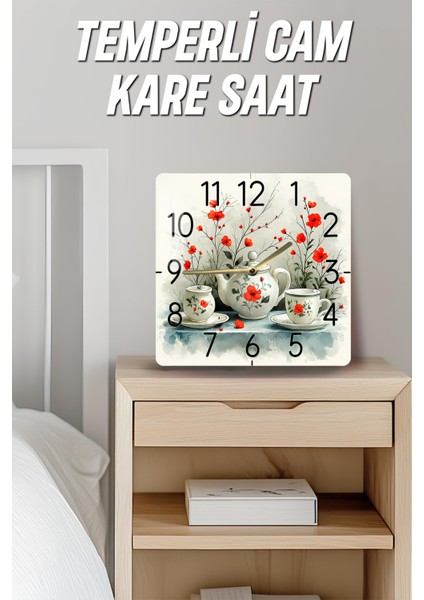 Kırmızı Çiçekli Çay Seti Temalı Temperli Cam Kare Saat 33X33 cm Ebadında Uv Baskı - KCS077 fırsatları
