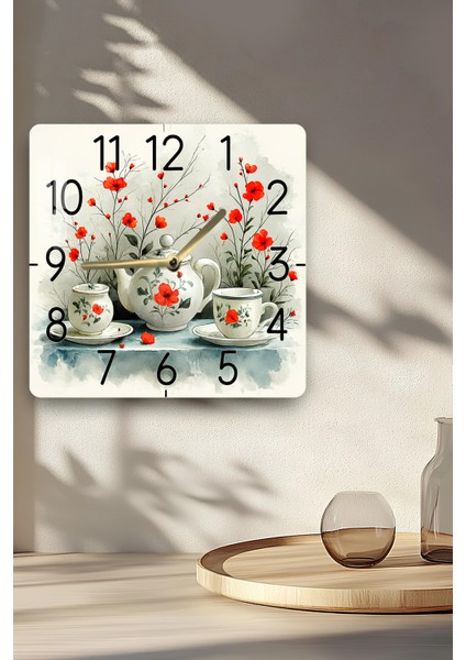 Kırmızı Çiçekli Çay Seti Temalı Temperli Cam Kare Saat 33X33 cm Ebadında Uv Baskı - KCS077 indirimleri