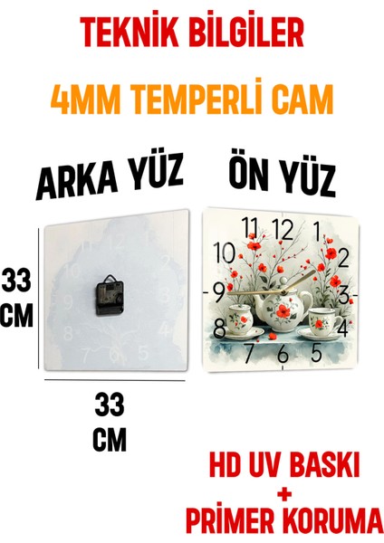 Kırmızı Çiçekli Çay Seti Temalı Temperli Cam Kare Saat 33X33 cm Ebadında Uv Baskı - KCS077