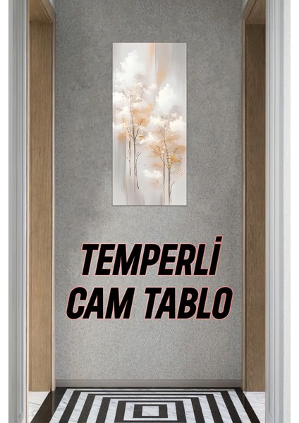 Bej ve Altın Tonlarda Ağaç Desenli Temperli Cam Dik Tablo – 30X60 cm Hd Uv Baskı - DCT020