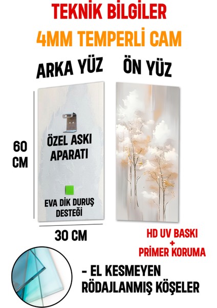 Bej ve Altın Tonlarda Ağaç Desenli Temperli Cam Dik Tablo – 30X60 cm Hd Uv Baskı - DCT020