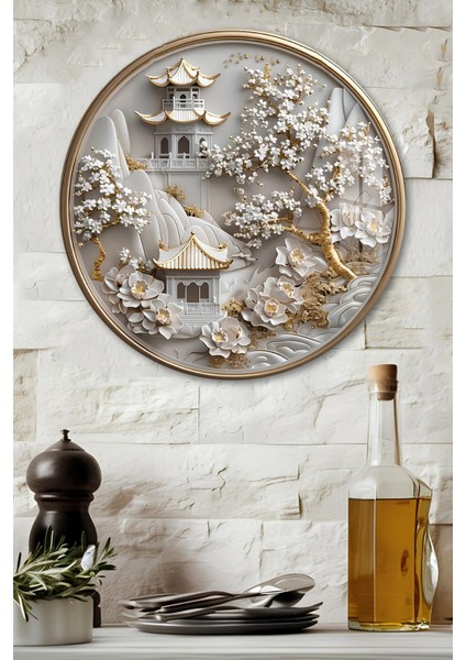 3D Görünümlü Temperli Cam Tablo – Asya Tapınak Manzaralı Duvar Süsü Uv Baskı 33X33 CM-CDS130