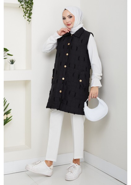 Kadın Saçaklı Giy Çık Kapitone Yelek -PMK490