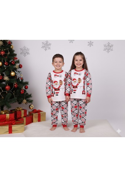 Noel Baba Desenli Unisex Çocuk Noel Yılbaşı Temalı Pijama Takımı 3-6 Yaş