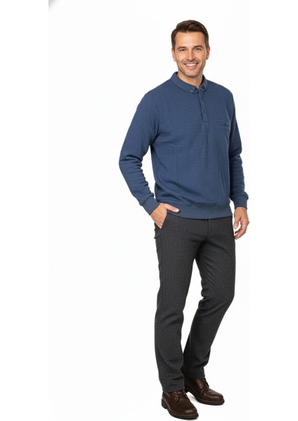 Erkek Kışlık Kazak Polo Yaka Oxford Fleto Cepli Dokulu Rahat Kesim Tam Kalıp