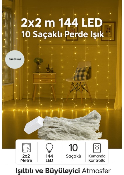 2x2 Metre 144 Ledli 10 Saçaklı Perde LED Işık – Kumandalı, Animasyonlu, Fişli Günışığı Dekorasyon Iş