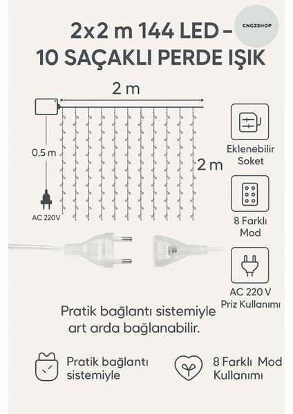 2x2 Metre 144 Ledli 10 Saçaklı Perde LED Işık – Kumandalı, Animasyonlu, Fişli Günışığı Dekorasyon Iş fiyatları