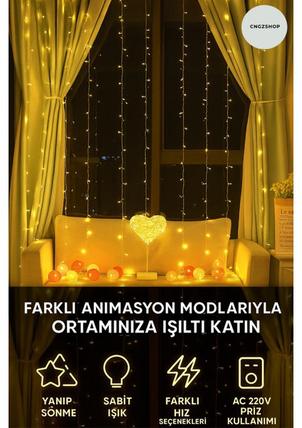 2x2 Metre 144 Ledli 10 Saçaklı Perde LED Işık – Kumandalı, Animasyonlu, Fişli Günışığı Dekorasyon Iş modelleri