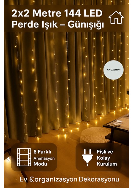 2x2 Metre 144 Ledli 10 Saçaklı Perde LED Işık – Kumandalı, Animasyonlu, Fişli Günışığı Dekorasyon Iş indirimleri