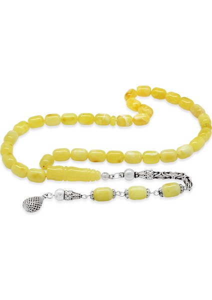 925 Ayar Gümüş Kral Püsküllü Kapsül Kesim Sarı Beyaz Renk Patinli Doğal Damla Kehribar Tesbih