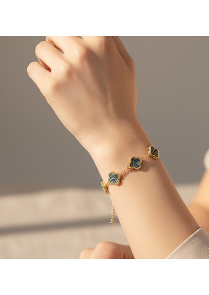 Beşli Ebruli Çok Renkli Dört Yapraklı Şans Yoncası Çelik Kadın Bileklik-Çift Yönlü Şık Tasarım