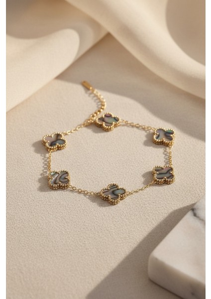 Beşli Ebruli Çok Renkli Dört Yapraklı Şans Yoncası Çelik Kadın Bileklik-Çift Yönlü Şık Tasarım modelleri