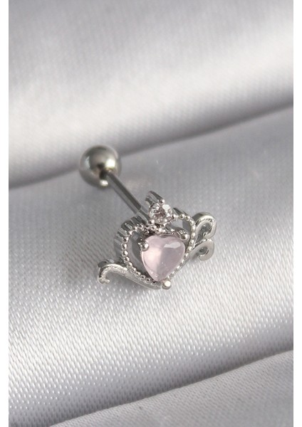 316L Çelik Gümüş Renk Pembe Mineli Kalp Zirkon Taş Detay Tragus Piercing - TJ-PR1261
