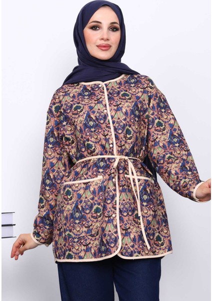 Lacivert Etnik Desenli Cepli Ceket