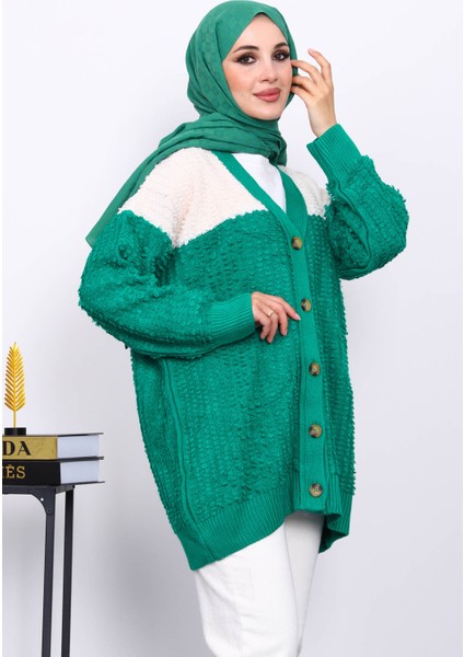 Zümrüt Yeşili V Yaka Düğmeli Triko Hırka