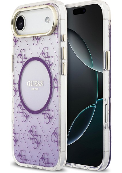 iPhone 17 Air Uyumlu Kılıf Guess Lisanslı M-Safe Şarj Özellikli 4g Desenli Simli Silikon Kapak Mor