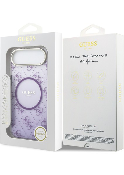 iPhone 17 Air Uyumlu Kılıf Guess Lisanslı M-Safe Şarj Özellikli 4g Desenli Simli Silikon Kapak Mor