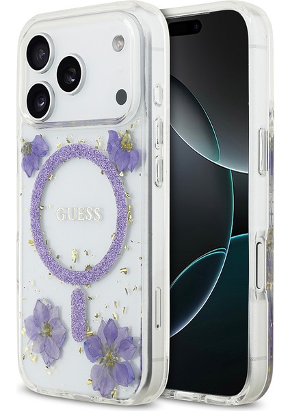 iPhone 17 Pro Uyumlu Kılıf Guess Lisanslı M-Safe Şarj Özellikli Transparan Resin Flowers Kapak Mor