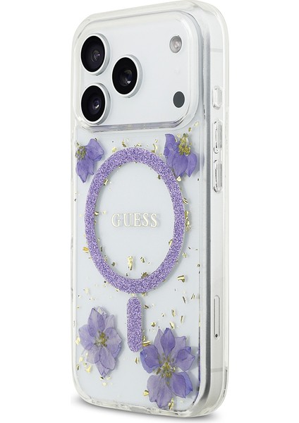iPhone 17 Pro Uyumlu Kılıf Guess Lisanslı M-Safe Şarj Özellikli Transparan Resin Flowers Kapak Mor fiyatları