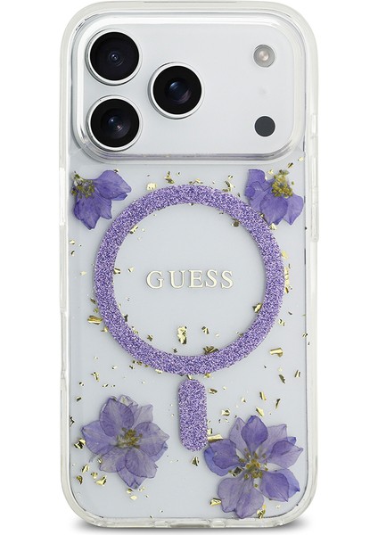 iPhone 17 Pro Uyumlu Kılıf Guess Lisanslı M-Safe Şarj Özellikli Transparan Resin Flowers Kapak Mor modelleri
