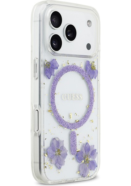iPhone 17 Pro Uyumlu Kılıf Guess Lisanslı M-Safe Şarj Özellikli Transparan Resin Flowers Kapak Mor fırsatları