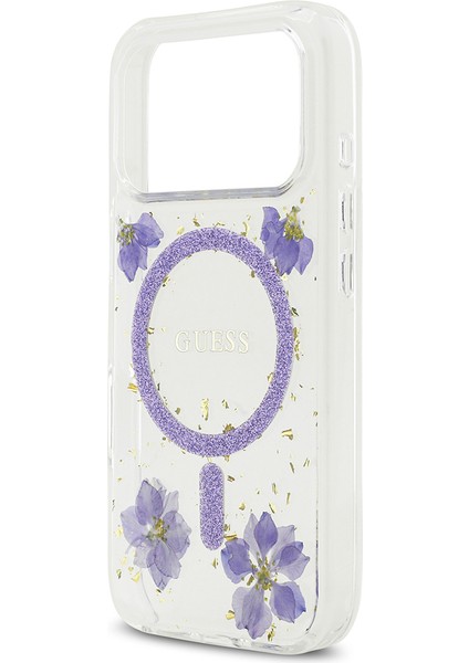 iPhone 17 Pro Uyumlu Kılıf Guess Lisanslı M-Safe Şarj Özellikli Transparan Resin Flowers Kapak Mor