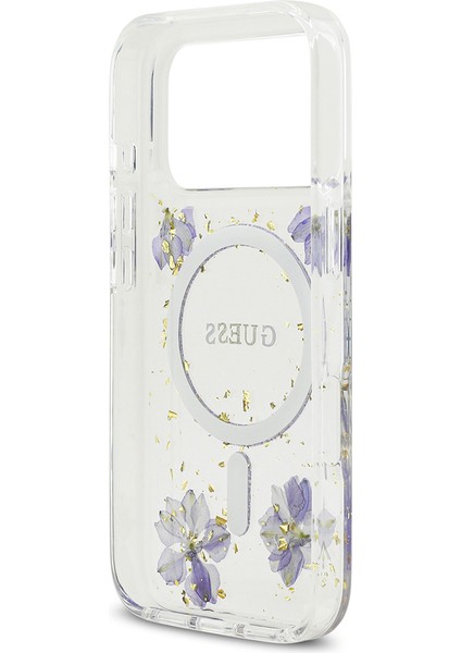 iPhone 17 Pro Uyumlu Kılıf Guess Lisanslı M-Safe Şarj Özellikli Transparan Resin Flowers Kapak Mor