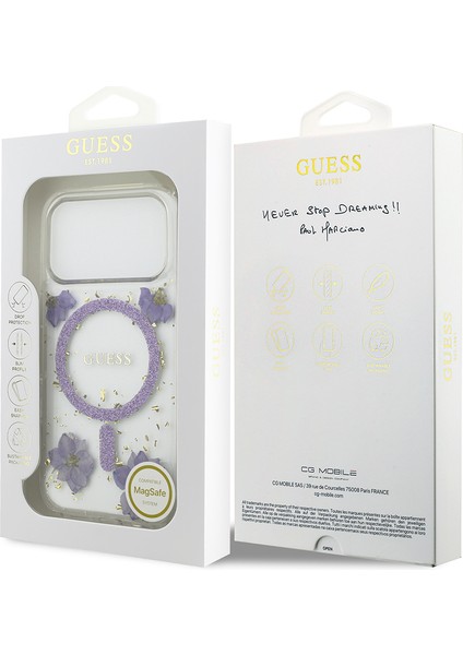 iPhone 17 Pro Uyumlu Kılıf Guess Lisanslı M-Safe Şarj Özellikli Transparan Resin Flowers Kapak Mor